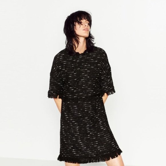 NWT Zara Black Tweed Fringed Dress - Picture 3 of 6